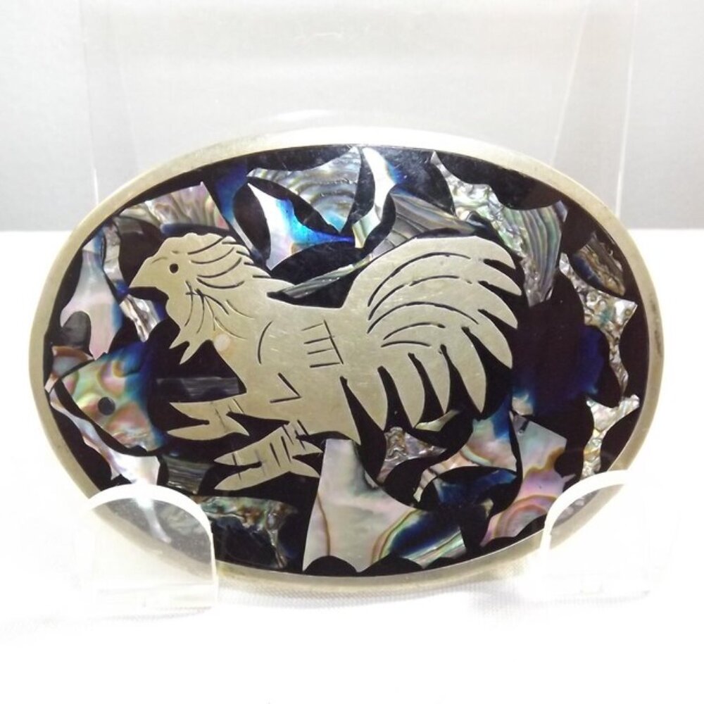 Vintage Mexican Abalone Shell Belt Buckle with Brass Rooster Inlay
